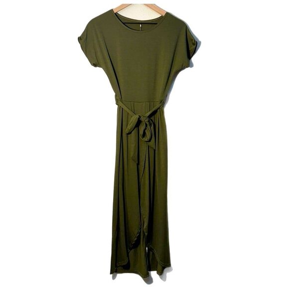 Maxi Dress High Low Olive Green Women XS Jersey Knit Crew Neck Short Sleeve. - Picture 1 of 6